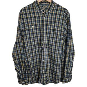 Duluth Trading Plaid Shirt Men's Medium Yellow Blue 2 Pocket Long Sleeve